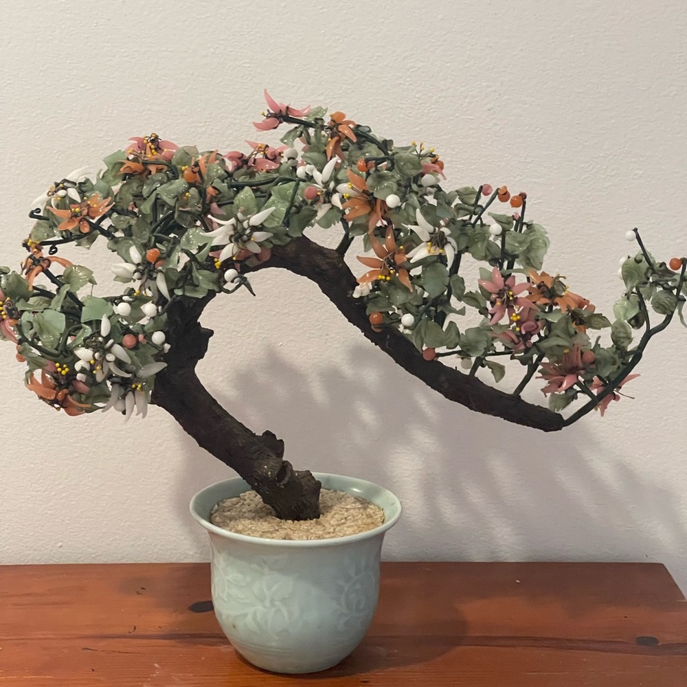 Vintage Glass Large Chinese Bonsai Tree Jade Stone Multicolor Sz 13cm